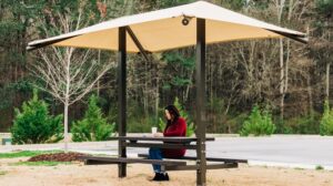 Shaded Table Rectangle Umbrella – 12.5′ x 8′ x 8′, Embedded, with Glide, Table Top, & Benche